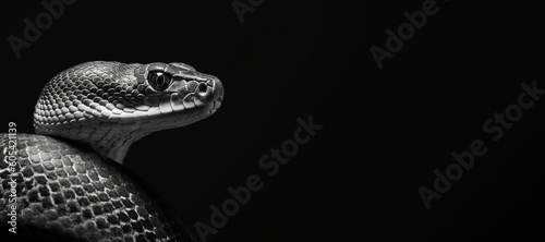 Black and white photorealistic studio portrait of a snake on black background. Generative AI illustration