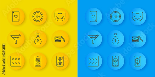 Set line Game dice, Martini glass, Money bag, King playing card with diamonds, Casino chips, Playing heart, Poker table and icon. Vector