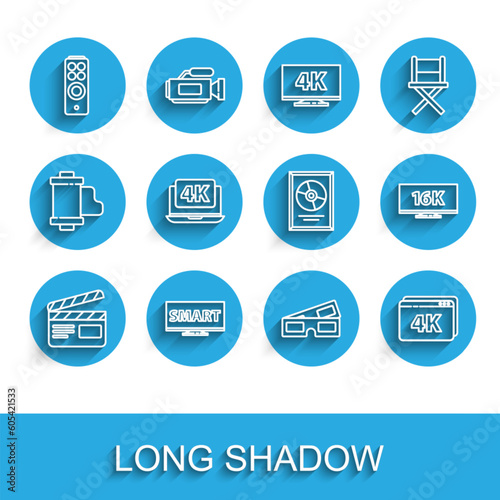 Free Download Set line Movie clapper, Screen tv with Smart video, Remote control, 3D cinema glasses, Online play 4k, Laptop, 16k and CD disk award frame icon. Vector - GFXLoad