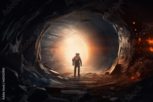 Science  sci-fi concept. Astronaut with costume looking through entrance to other planet. Astronaut base and human colonization in other planet. Generative AI