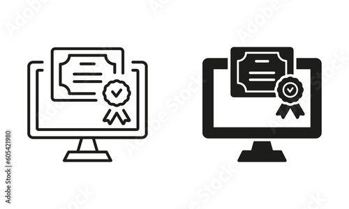 Online Diploma Silhouette and Line Icon Set. Digital Online and Distance Education Symbol. Certificate with License Badge Black Sign. Award, Grant, Distance Diploma. Isolated Vector Illustration
