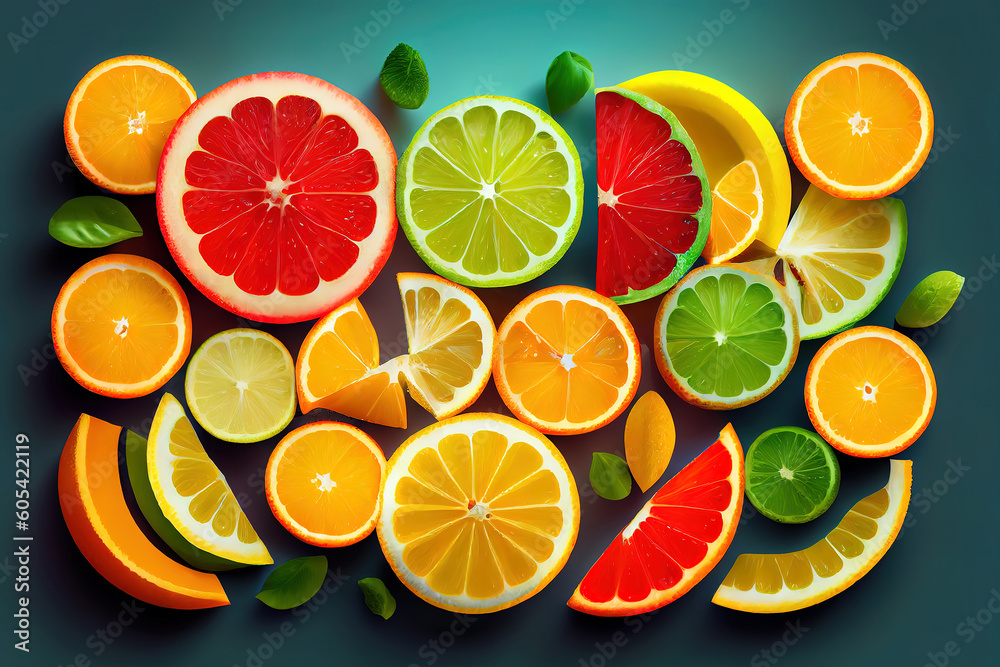 Colorful summer citrus fruits slices background. Generative Ai Colorful summer citrus fruits slices background. Generative Ai