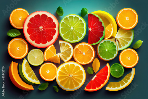 Colorful summer citrus fruits slices background. Generative Ai