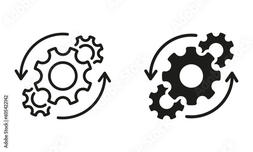 Gear and Round Arrow Business Technology Process Black Symbol Collection. Workflow Cog Wheel Symbol Pictogram. Circle Gear Work Progress Line and Silhouette Icon Set. Isolated Vector Illustration