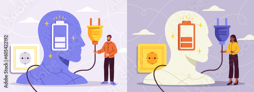Mental health support. Help therapy for burnout, stress, depression and cure anxiety. Woman and man charging social batteries. Treatment of psychic illness set. Cartoon flat vector illustrations