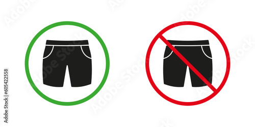 Men Bermuda Summer Short Red and Green Warning Signs. Sport Jeans Silhouette Icons Set. Wear Boxer Allowed and Prohibited Pictogram. Male Swim Trunks, Nude Beach. Isolated Vector Illustration