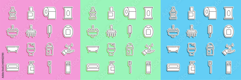 Set line Shaving gel foam, Washing hands with soap, Bottle of shampoo, Toilet paper roll, Shower head, Washbasin water tap, Mouthwash bottle and Sanitary tampon icon. Vector Set line Shaving gel foam, Washing hands with soap, Bottle of shampoo, Toilet paper roll, Shower head, Washbasin water tap, Mouthwash bottle and Sanitary tampon icon. Vector