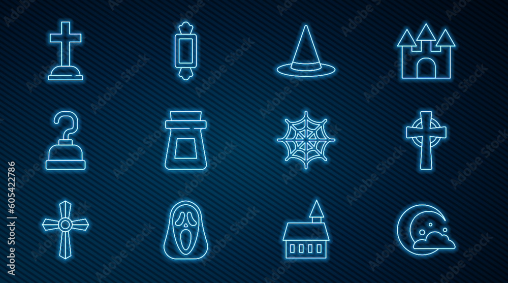 Set line Moon and stars, Tombstone with cross, Witch hat, Bottle potion, Pirate hook, Spider web and Candy icon. Vector Set line Moon and stars, Tombstone with cross, Witch hat, Bottle potion, Pirate hook, Spider web and Candy icon. Vector