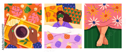 Morning and breakfast set. Woman sleeps on pillows in bed under cozy blanket. Awakening, dreams, relaxation concept. Posters with female character, coffee and croissant. Cartoon flat vector collection