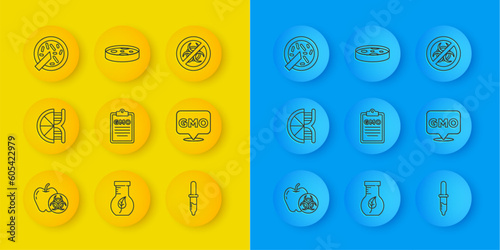 Set line Genetically modified apple, orange, GMO, Pipette, Petri dish with bacteria, Stop and icon. Vector
