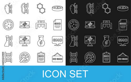 Set line No GMO, Chemical formula, Genetic engineering modification, Petri dish with bacteria, Genetically modified apple and Test tube and flask icon. Vector
