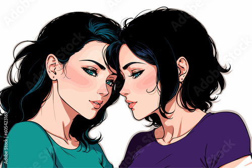 Lesbian women couple in love. Cartoon-style vector illustration. Girl friendship