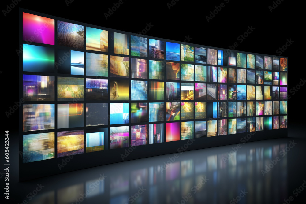 Smart TV and digital media wall of screens background with copy space. Generative AI Smart TV and digital media wall of screens background with copy space. Generative AI