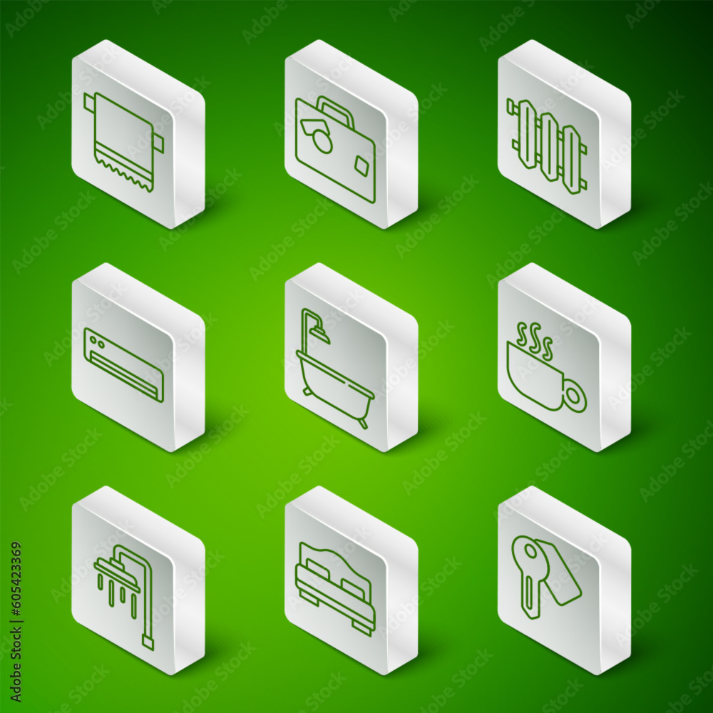 Set line Hotel door lock key, room bed, Towel on hanger, Bathtub with shower, Air conditioner, Suitcase, Shower and Coffee cup icon. Vector Set line Hotel door lock key, room bed, Towel on hanger, Bathtub with shower, Air conditioner, Suitcase, Shower and Coffee cup icon. Vector