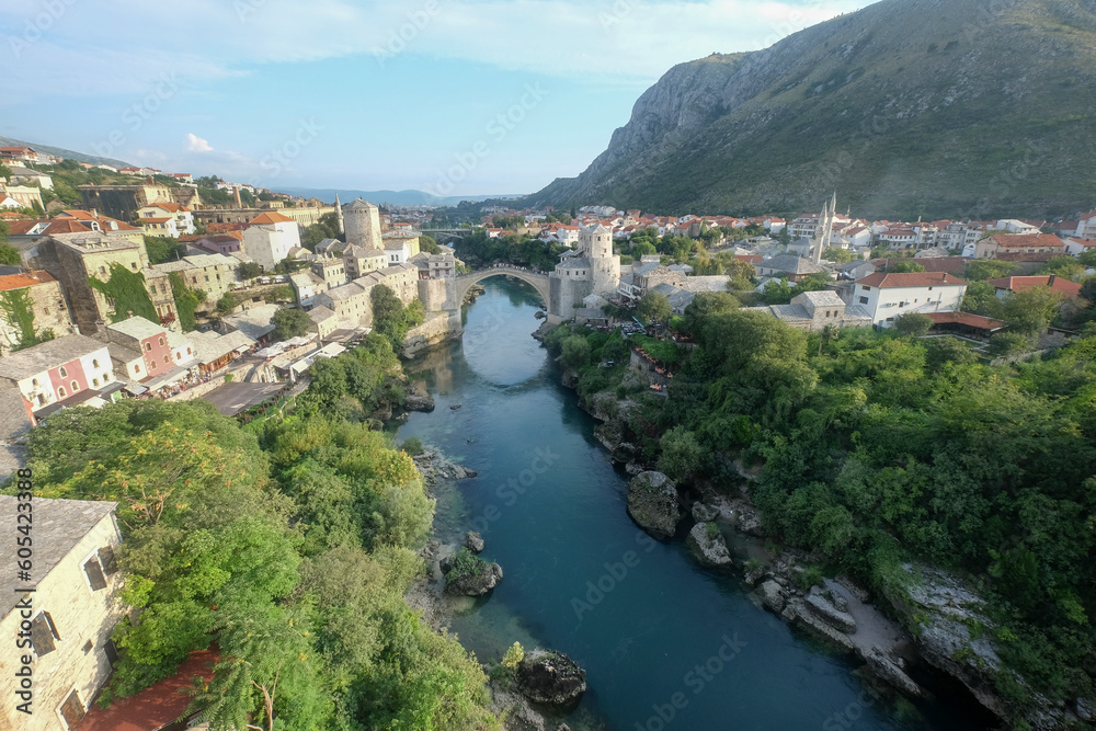 View of the historic Old Bridge at sunset in Mostar. Bosnia and Herzegovina