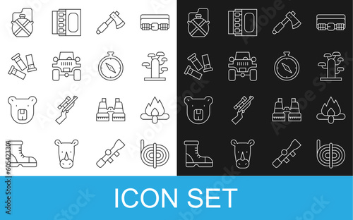 Set line Climber rope, Campfire, African tree, Wooden axe, Off road car, Cartridges, Canteen water bottle and Compass icon. Vector