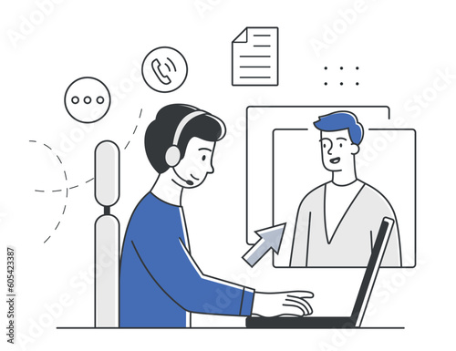 Customer service in call center. Sale and purchase of goods by phone. Hotline, technical support and telemarketing. Operator employee advises man on documents online. Cartoon flat vector illustration