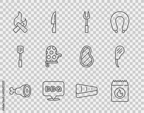 Set line Chicken leg, Barbecue coal bag, fork, Campfire, Oven glove, Steak meat and Rib eye steak icon. Vector