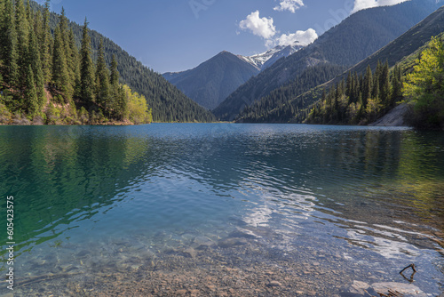 Kolsai Lake, Kazakhstan. Deep mountain lake Lake Kaindy sunken forest landmark in asia. Beautiful mountain nature landscape. Blue lake Kolsai top view. Panoramic view of the nature reserve.