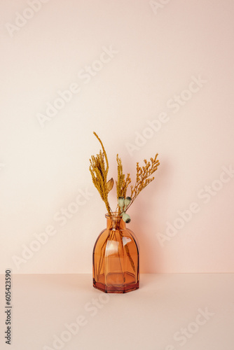 Obraz na płótnie Brown glass vase of dry flower on pink table. pink wall background. copy space w salonie
