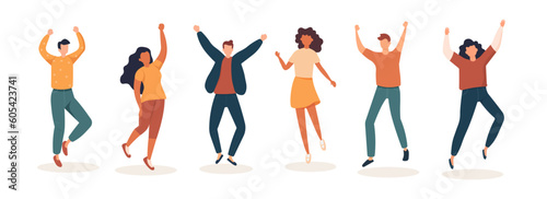 People happy jumping set. Young funny teens large group guy, girl, jumping together joy lifestyle celebration victory team smiling students celebrates success. Color cartoon vector.