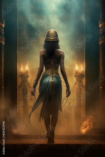 Ancient Egyptian woman in the columns of the Temple of Castor and Pollution. Hathor, Egyptian god, goddess. Fantasy background with flames, fire, smoke and embers. Magic glow. photo