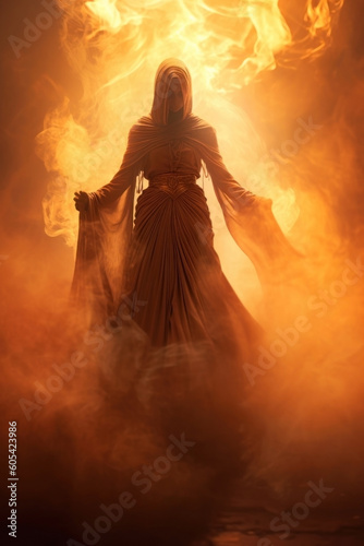 Portrait of a beautiful woman in a long dress in the fire. Isis, Egyptian god, goddess. Fantasy background with flames, fire, smoke and embers. Magic glow.
