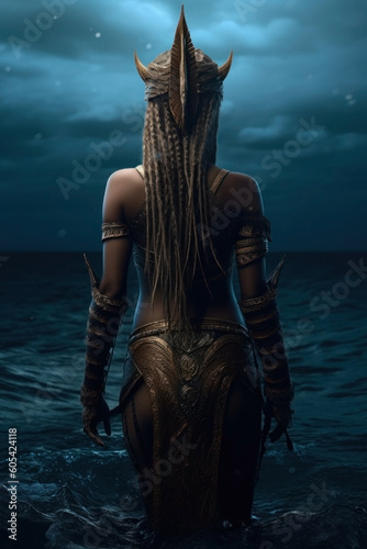 Beautiful woman warrior in the sea. Iemanjá, yemanjá, odoyá, brazilian goddess of the sea. Back view of a ocean queen. African mermaid. photo