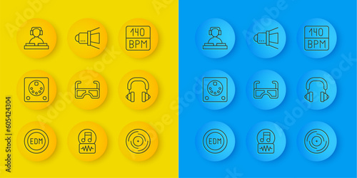 Set line EDM electronic dance music, Drum machine, Glasses, Vinyl disk, Headphones, DJ playing, Bitrate and Movie spotlight icon. Vector