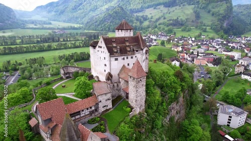 beautiful medieval castles of Europe - impressive Gutenberg in Liechtenstein, border with Switzerland, surrounded by Alps mountains, aerial view
 photo