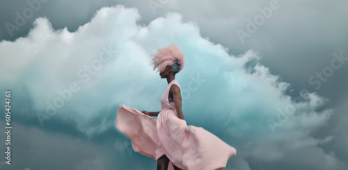 A woman walking in stormy sky. Generative AI