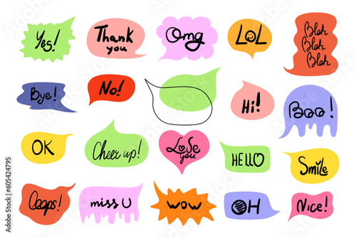 Doodle speech bubble set with handwritten words. Colorful chat clouds of bright colors. Vector illustration for printing, web, clip art isolated on white background