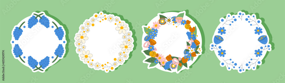 Floral wreath stickers set. Flower round frame collection with blank space. Hand drawn label, tag template. Flat naive vector illustration for printing, notes
