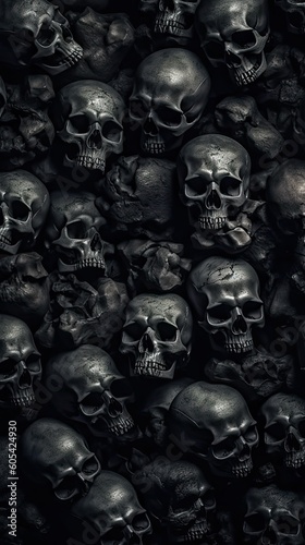 Dark Mode background with Creepy Skull Heads. Gen AI   © Sparrowski