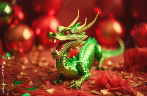 Green dragon among red confetti and christmas bubbles. Generative AI © Nebula Cordata