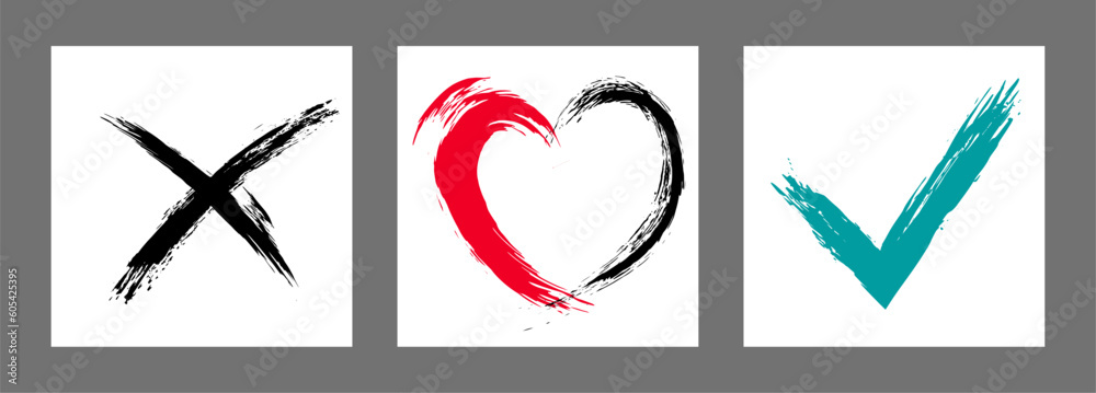 The cross, heart and OK symbol are hand-drawn with a brush. Prohibition, denial, error. Love. Approval, consent. Vector, set of 3 characters The cross, heart and OK symbol are hand-drawn with a brush. Prohibition, denial, error. Love. Approval, consent. Vector, set of 3 characters