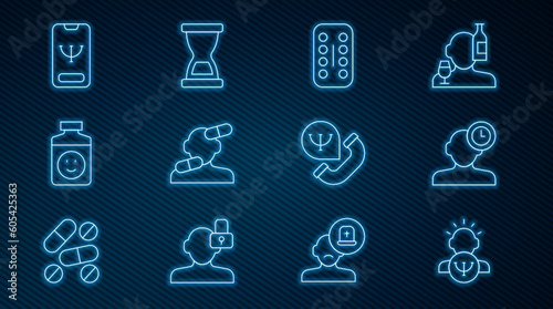 Set line Psychology  Insomnia  Sedative pills  Antidepressants  Online psychological counseling  and Old hourglass icon. Vector