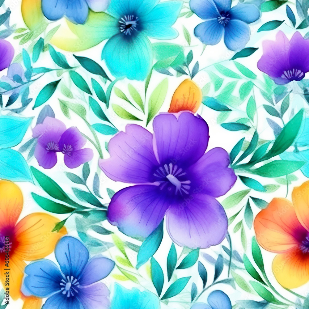 Seamless watercolor flowers pattern. Vibrant summer flowers bouquetes on a white background. Generative AI