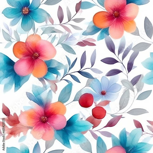 Seamless watercolor flowers pattern. Vibrant summer flowers bouquetes on a white background. Generative AI photo