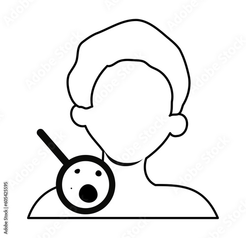 Melanoma diagnosis, dermatology examination, skin cancer prevention line icon. Faceless man checking moles, birthmarks under magnifier. Vector illustration
