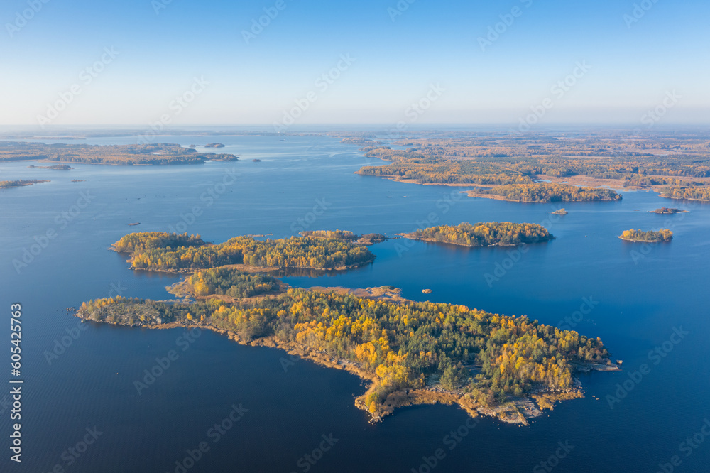 Beautiful autumn landscape with islands aerial view.