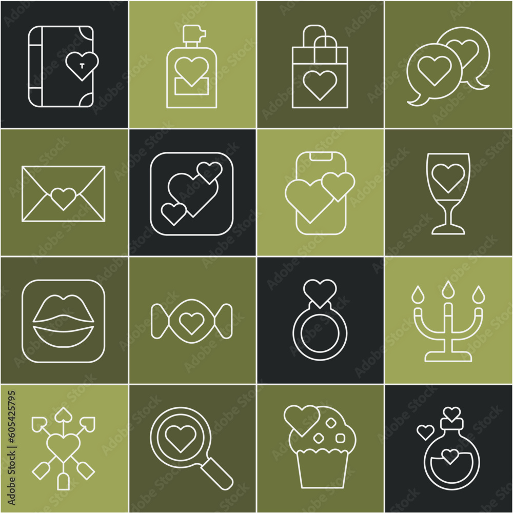 Set line Bottle with love potion, Candlestick, Glass of champagne, Shopping bag heart, Heart, Envelope Valentine, Love diary and Dating app online mobile icon. Vector Set line Bottle with love potion, Candlestick, Glass of champagne, Shopping bag heart, Heart, Envelope Valentine, Love diary and Dating app online mobile icon. Vector