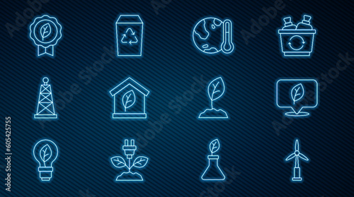 Set line Wind turbine, Location with leaf, Earth melting to global warming, Eco friendly house, Oil rig, Leaf symbol, Sprout and Recycle icon. Vector