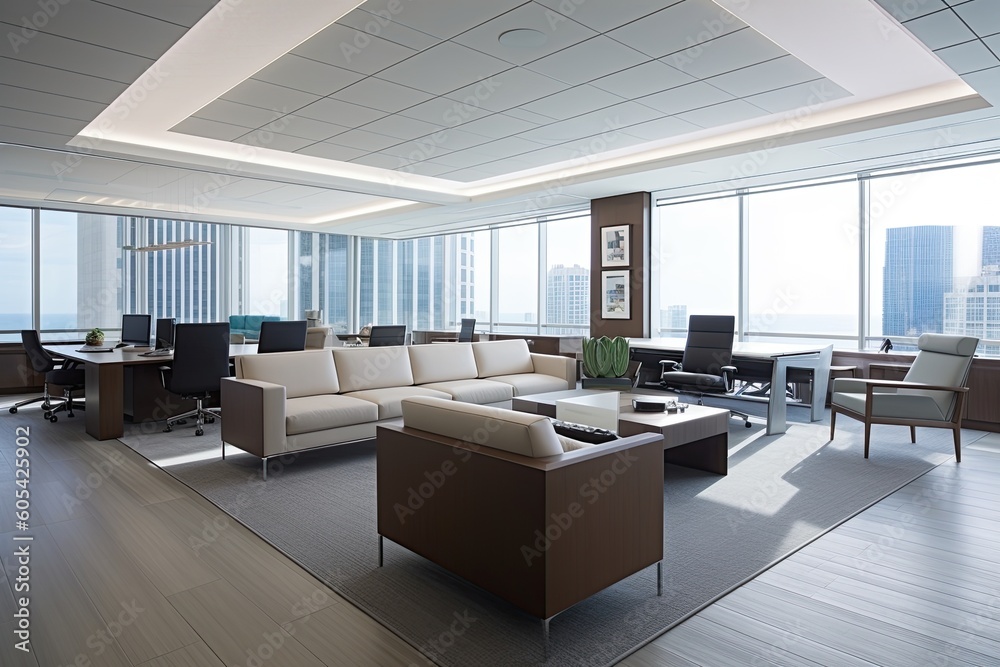 Contemporary office interior with city view, daylight, furniture and equipment created with AI generated Contemporary office interior with city view, daylight, furniture and equipment created with AI generated