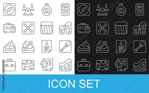 Set line Ground, Shovel, Geological fault, Exhibition with minerals, rocks, Archeology, Mining dump truck, Compass and icon. Vector