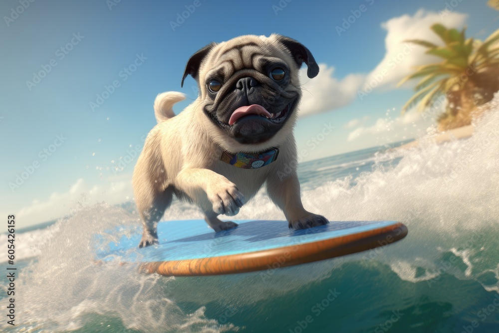 Funny dog surfing - Illustration created with generative ai