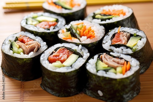 Kimbap or sometimes spelled gimbap means seaweed and rice Food photography