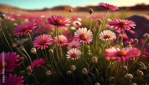 Beautiful pink camomiles daisy flowers field Ai generated image