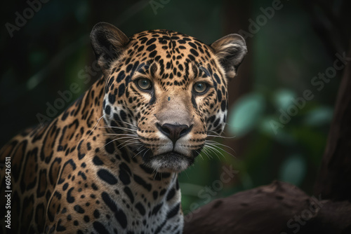 jaguar looking at the camera, beautiful background, forest background, ai generated. © Giovanna