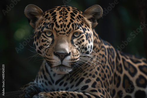 jaguar looking at the camera, beautiful background, forest background, ai generated. © Giovanna